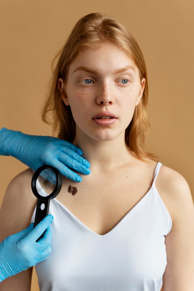 Front view young woman with big mole