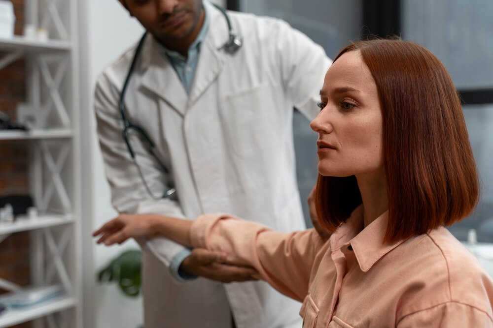 Front view doctor working at clinic