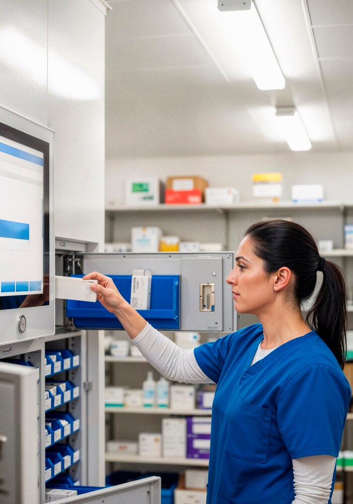 Pharmacist retrieving medication in pharmacy