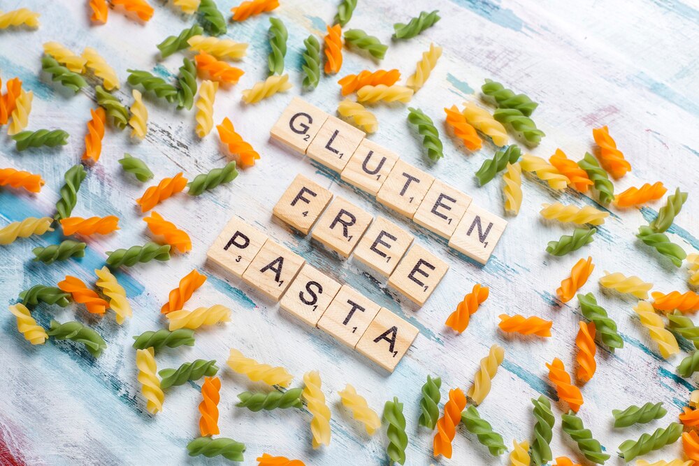 Multi-colored gluten free vegetable fusilli pasta.